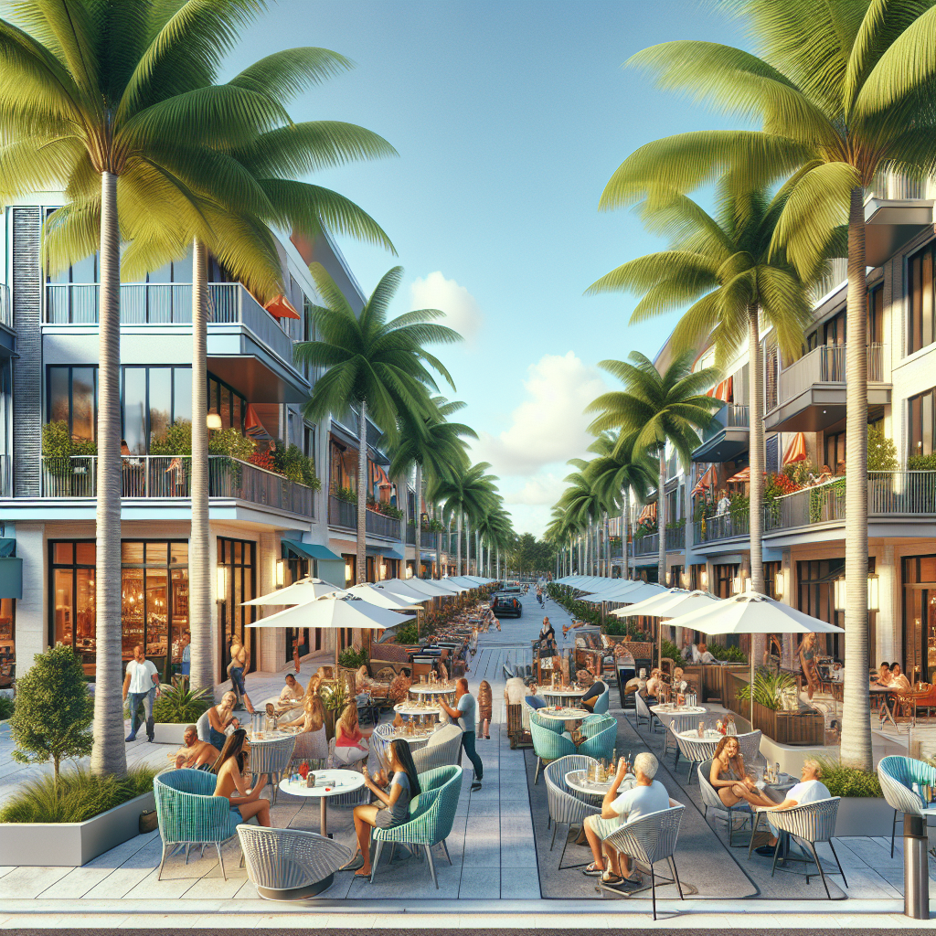 A vibrant street view of Boca Raton with palm trees, modern apartments, and people enjoying outdoor cafes
