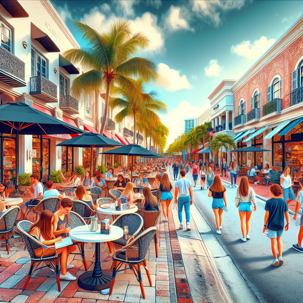A vibrant street scene in Downtown Boca Raton showcasing cafes, shops, and students walking
