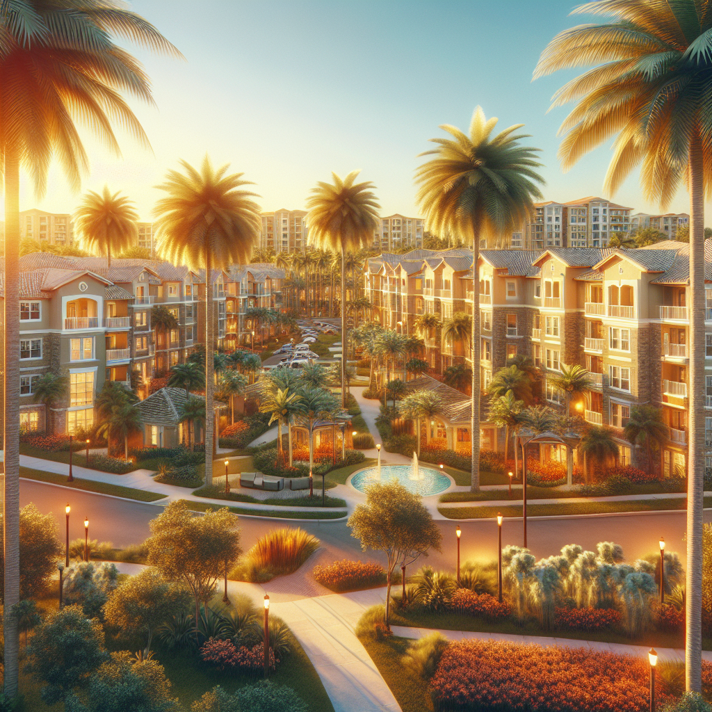 A vibrant community scene showcasing affordable apartments in Boca Raton with palm trees and sunny weather
