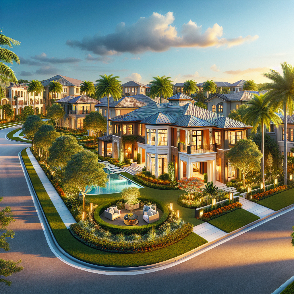A vibrant view of modern residential communities in Boca Raton, showcasing luxury homes and lush landscaping under a clear blue sky
