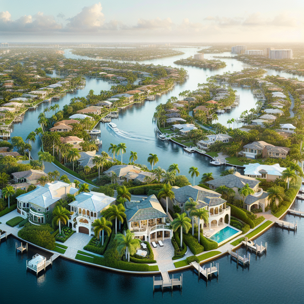 Aerial view of luxurious residential properties in Boca Raton showcasing waterfront homes and lush green landscapes