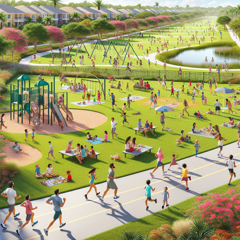 A vibrant community park in Boca Raton with families enjoying picnics, children playing on playgrounds, and people jogging along scenic pathways