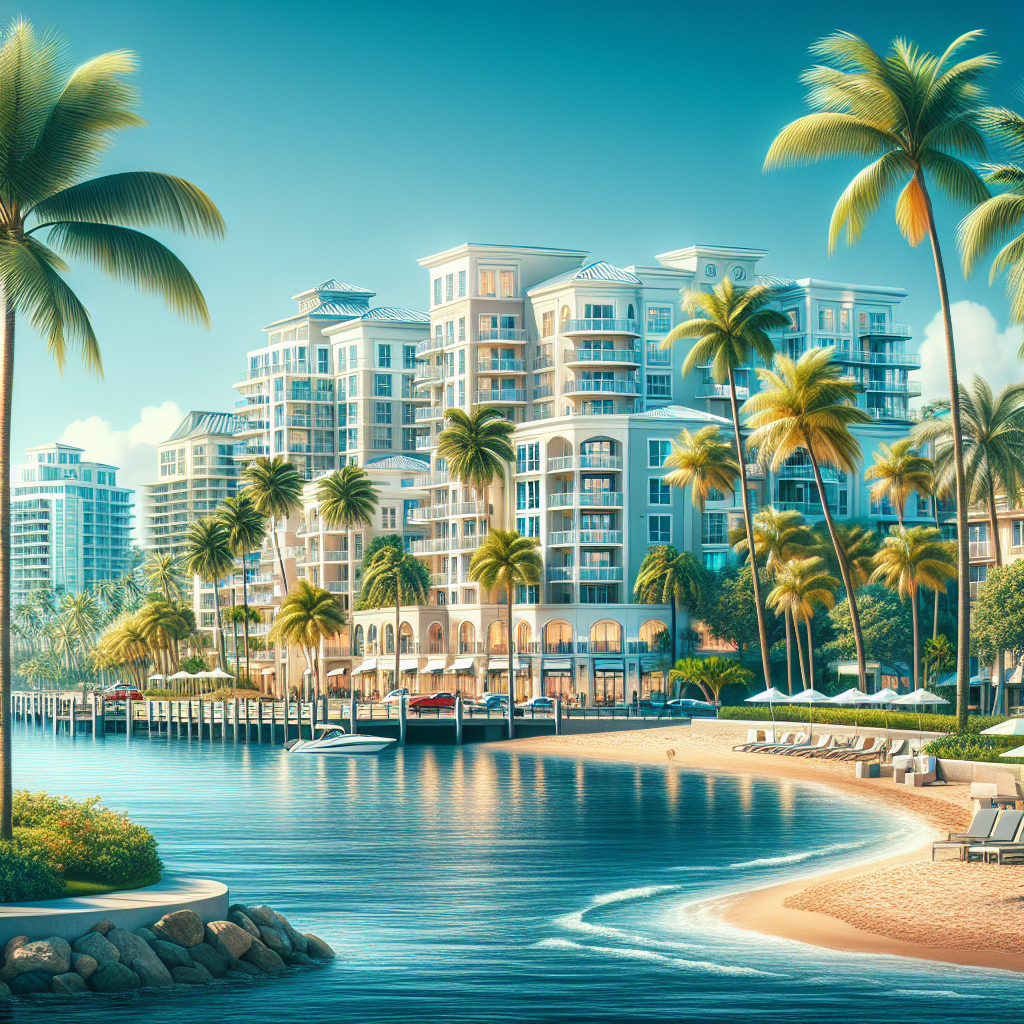 A scenic view of Boca Raton featuring palm trees, beach access, and modern apartment buildings