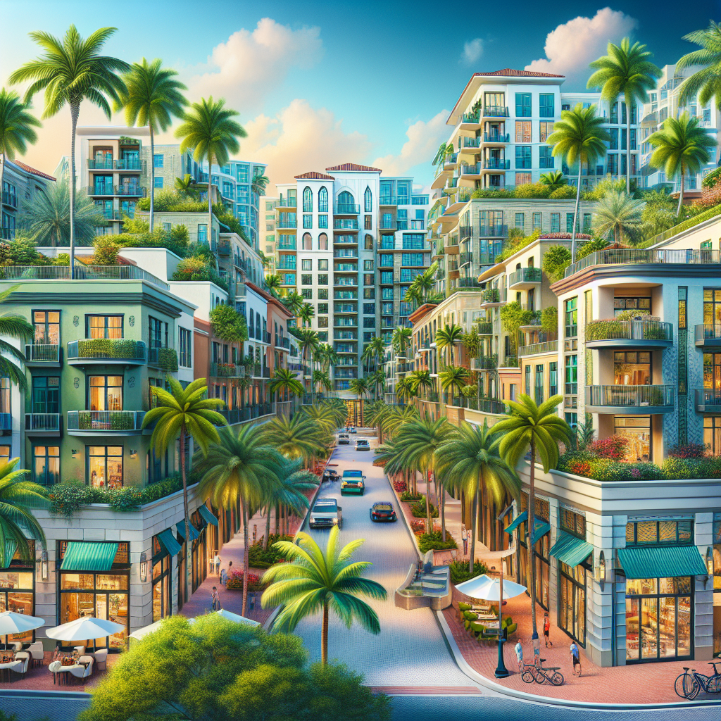 A vibrant view of downtown Boca Raton with palm trees and modern apartment buildings