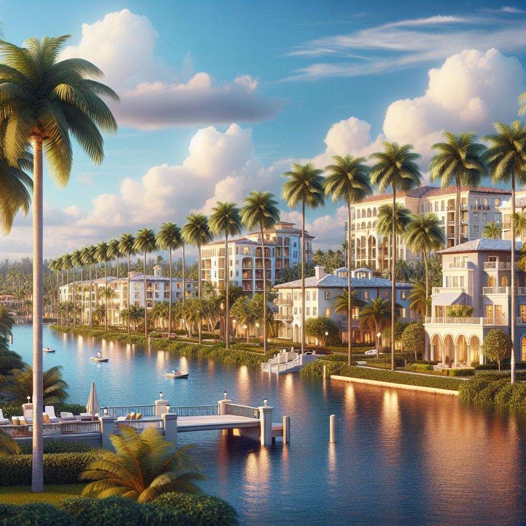 A scenic view of Boca Raton with luxury apartments and palm trees