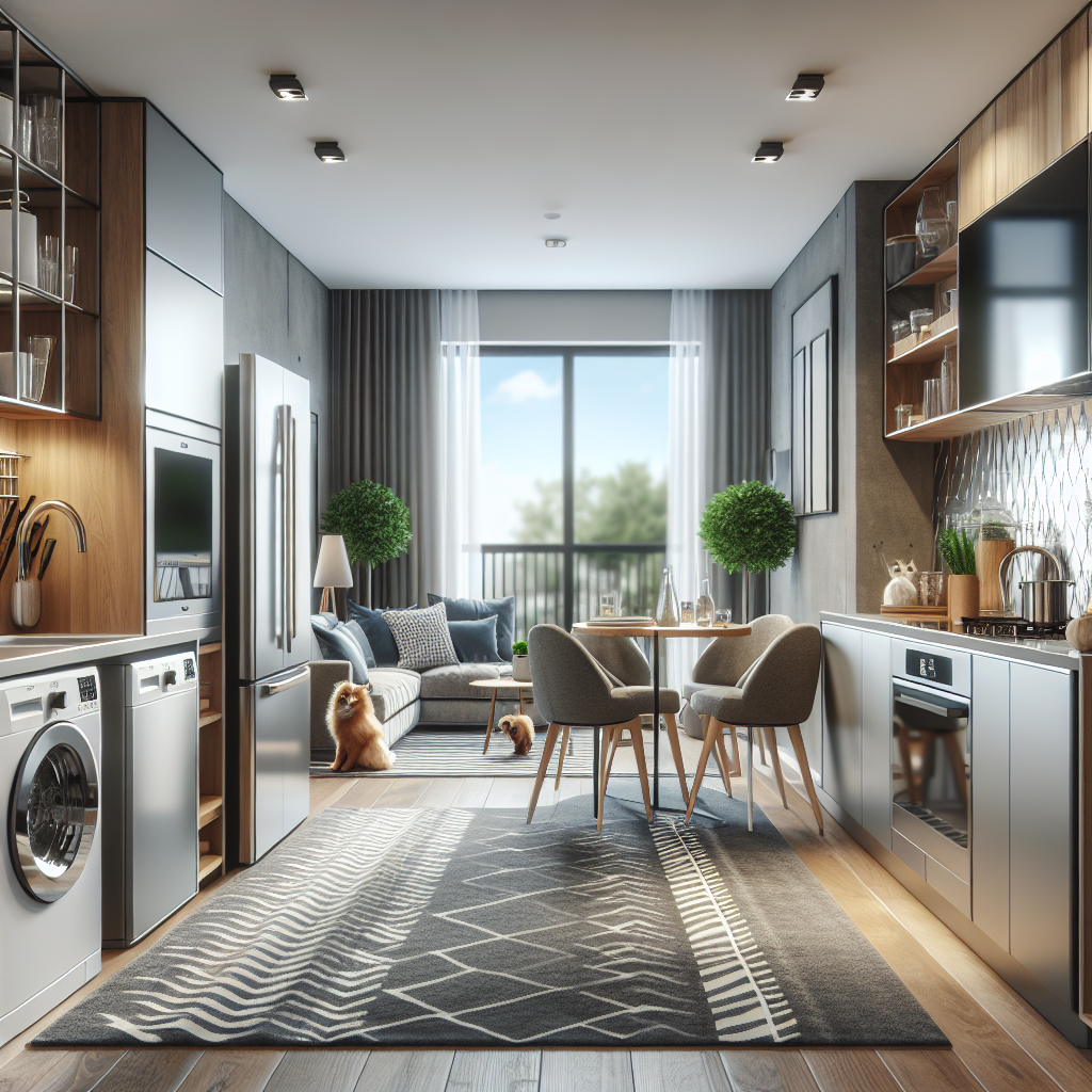 A modern apartment interior showcasing amenities like stainless steel appliances, in-unit laundry, and pet-friendly features