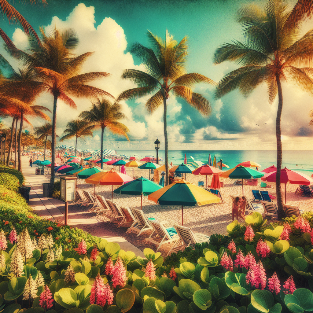 A picturesque view of Boca Raton beach with colorful beach umbrellas and palm trees