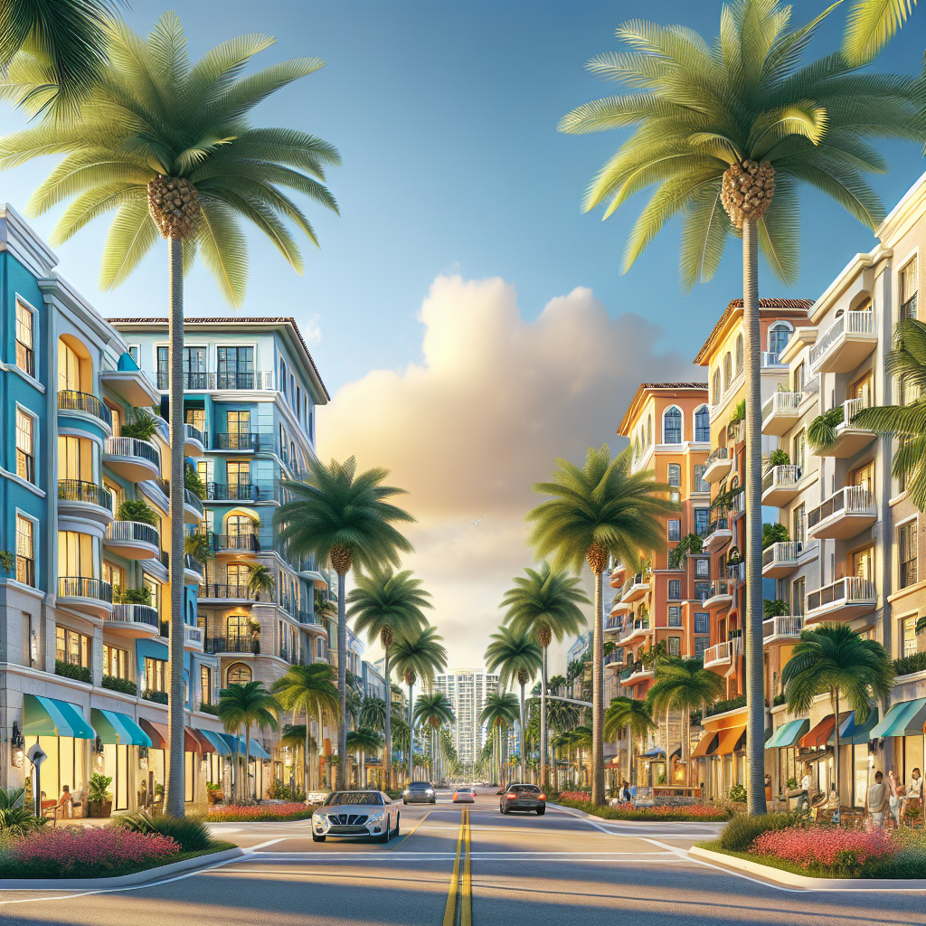 A vibrant street scene in Boca Raton showcasing various types of rental properties including luxury condos and affordable apartments with palm trees
