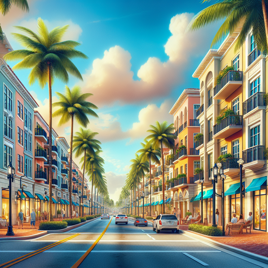 A vibrant street scene in downtown Boca Raton showcasing affordable apartments with palm trees