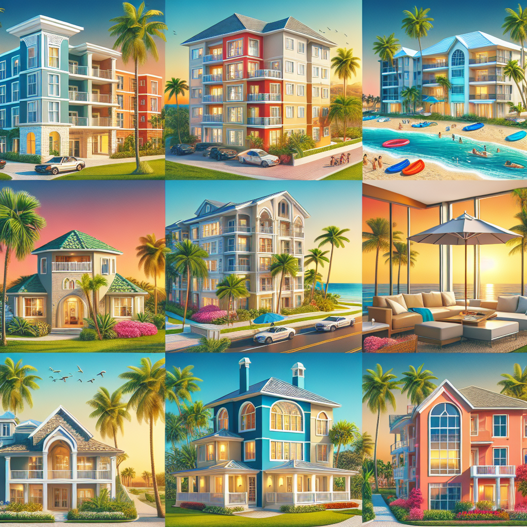 A vibrant collage showcasing various rental options in Boca Raton, including apartments, condos, and houses with palm trees and beaches in the background