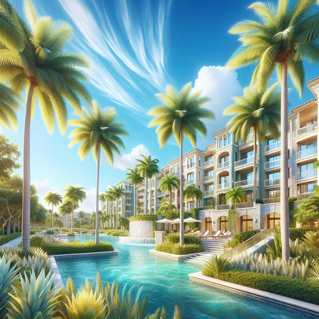A vibrant view of luxury apartments in Boca Raton with palm trees and blue skies