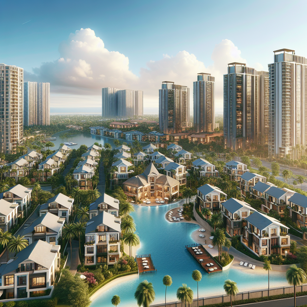 A vibrant aerial view of various apartment complexes in Boca Raton, showcasing luxury high-rises and cozy residential buildings against a backdrop of palm trees and blue skies.