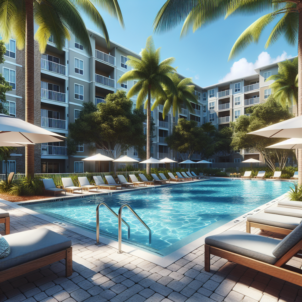 A sunny pool area at an apartment complex in Boca Raton with palm trees and lounge chairs