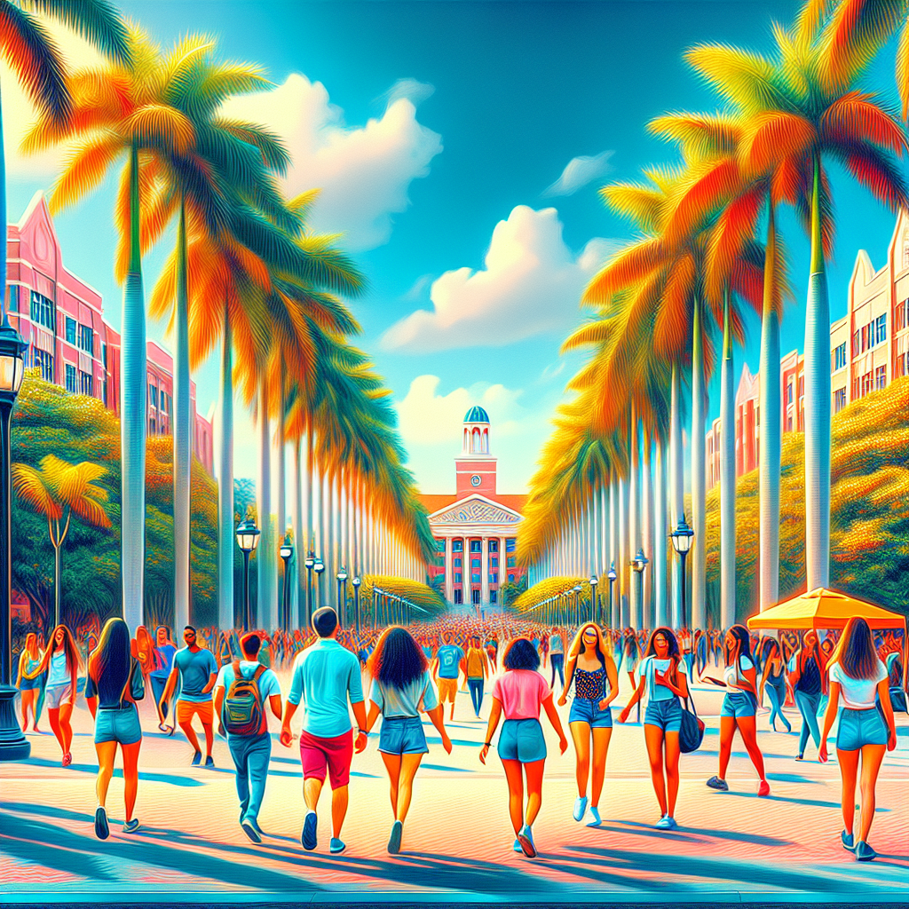 A vibrant college town scene in Boca Raton, showcasing students walking near Florida Atlantic University with palm trees and sunny weather