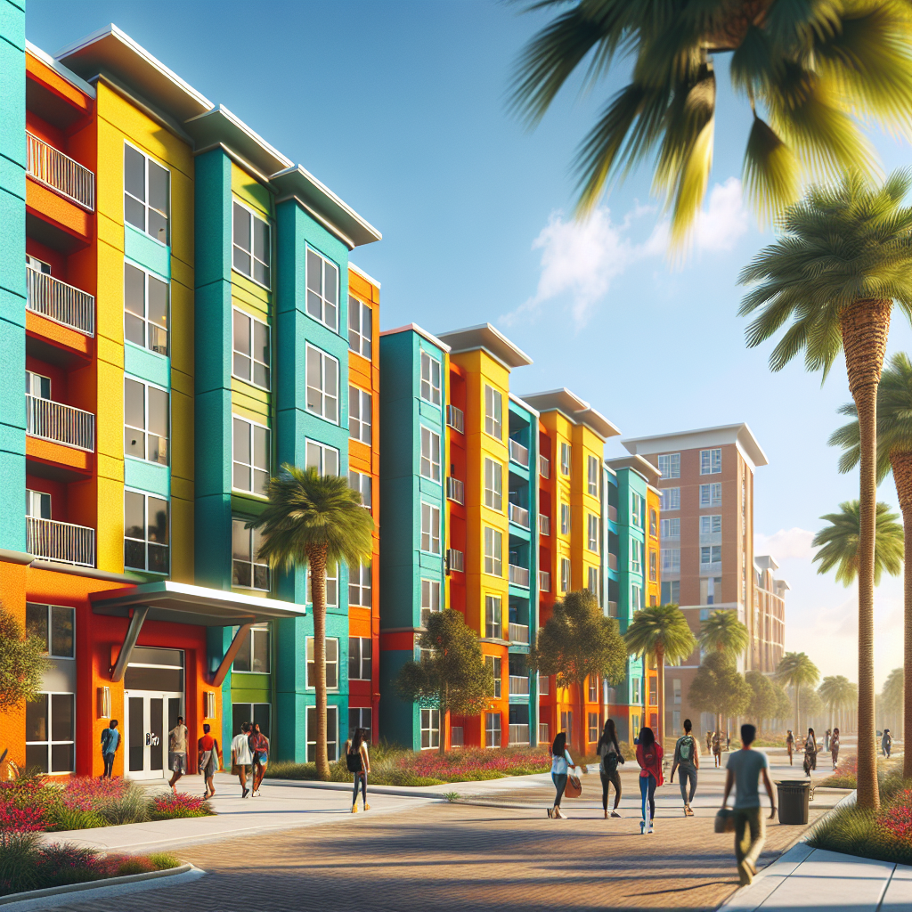 A vibrant apartment complex near Florida Atlantic University with students walking around, palm trees in the background, and sunny weather
