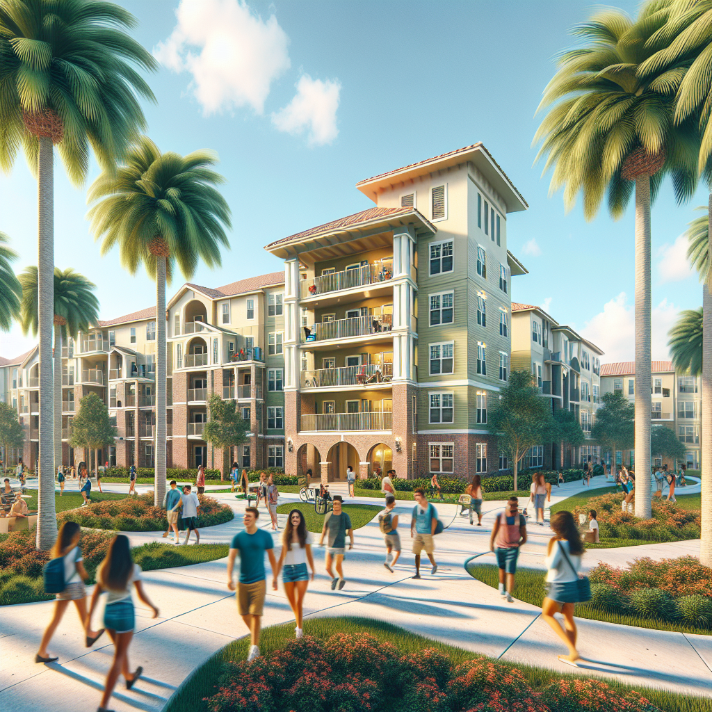 A vibrant apartment complex near Florida Atlantic University with students walking around and palm trees in the background