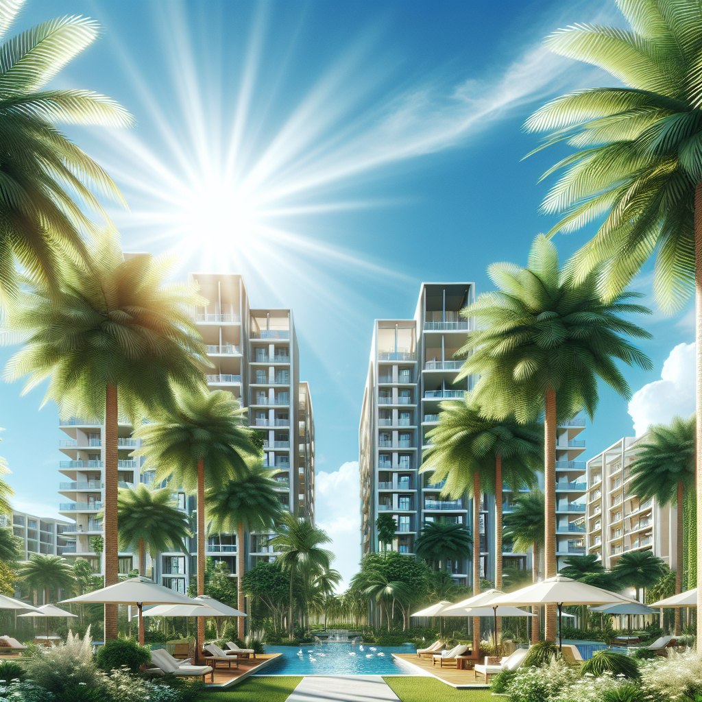 A bright and inviting view of luxury apartments at Boca Vue with palm trees and blue skies