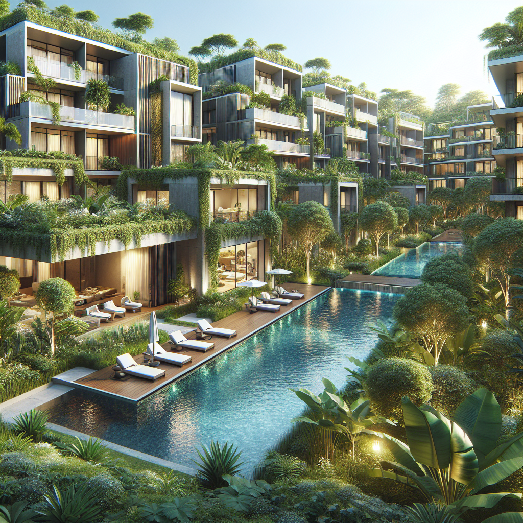 A luxurious apartment complex with modern architecture surrounded by lush greenery and a sparkling pool