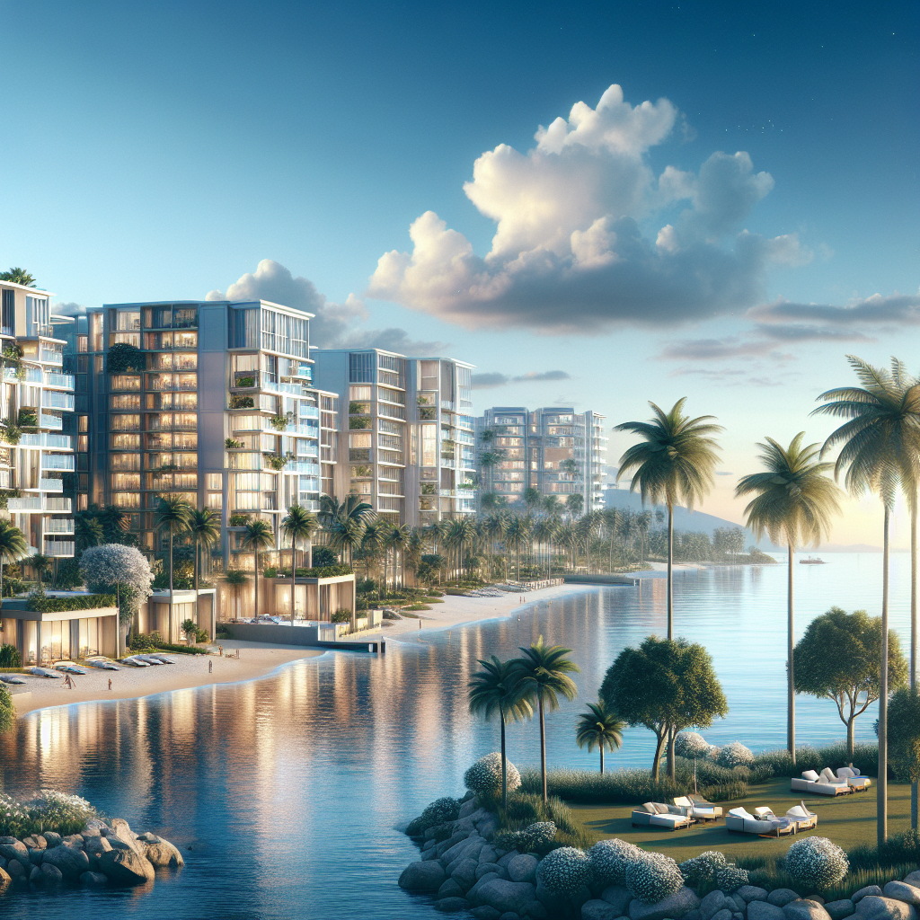 A beautiful view of Boca Raton showcasing luxury condos by the beach with palm trees