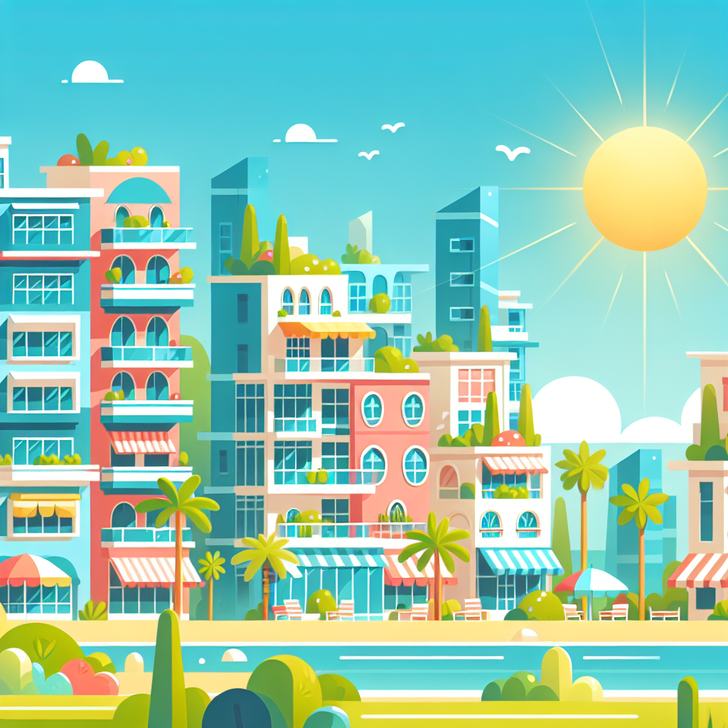 A vibrant illustration contrasting condos and apartments in Boca Raton's sunny landscape