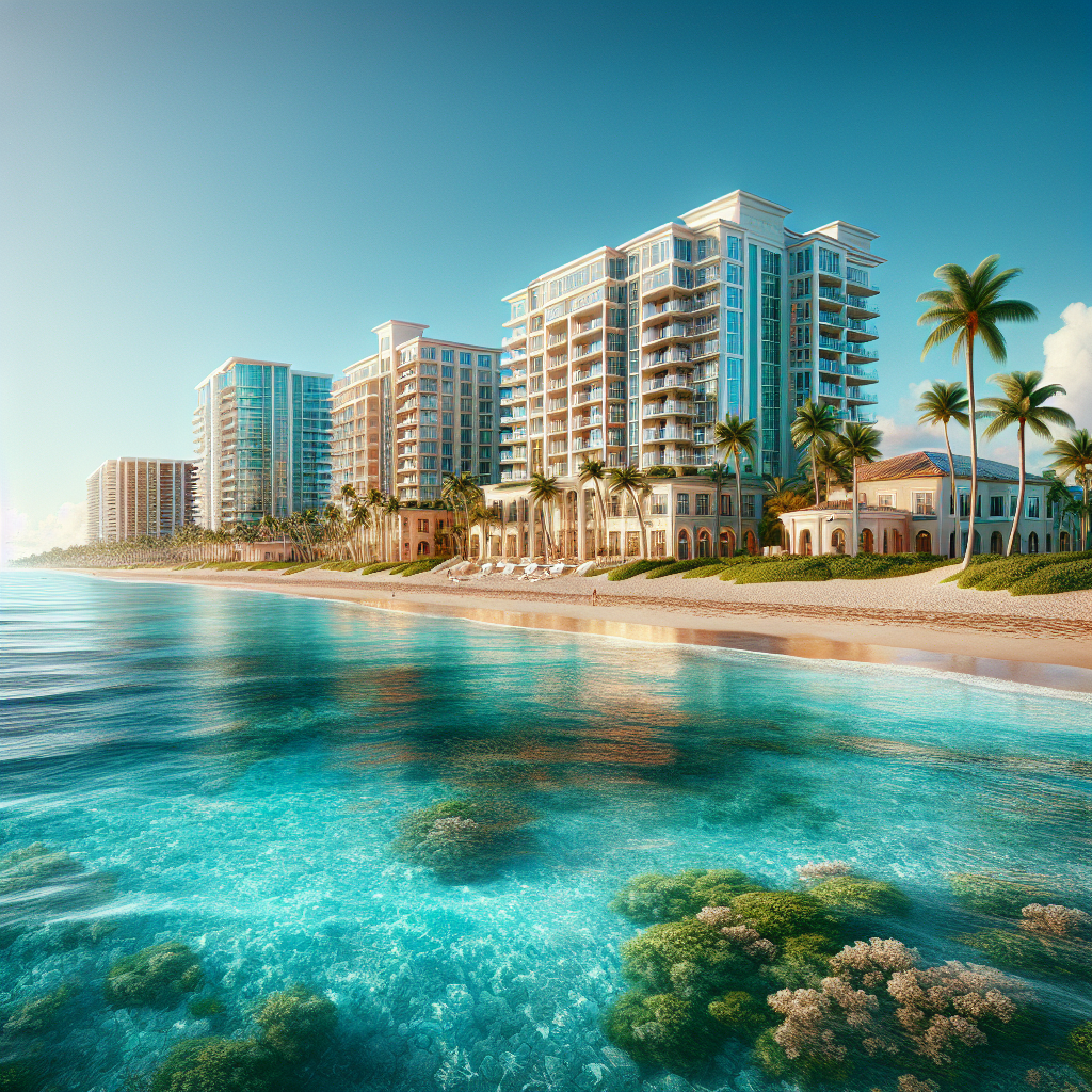 A vibrant beach scene in Boca Raton showcasing luxury condos along the shoreline with palm trees swaying
