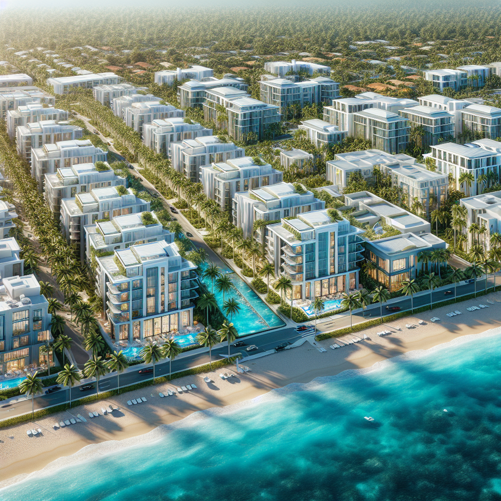 Aerial view of luxury apartment complexes in Boca Raton with palm trees and beach nearby