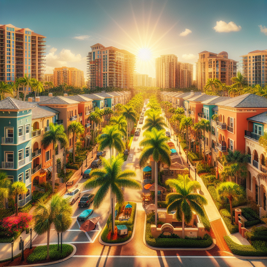 A vibrant community scene showcasing various apartment complexes in Boca Raton Florida with palm trees and sunny skies