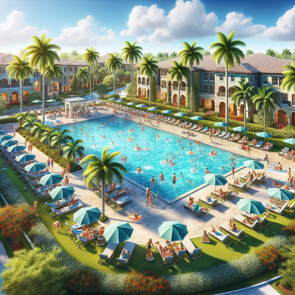 A vibrant community swimming pool area with lounge chairs and palm trees in Boca Raton
