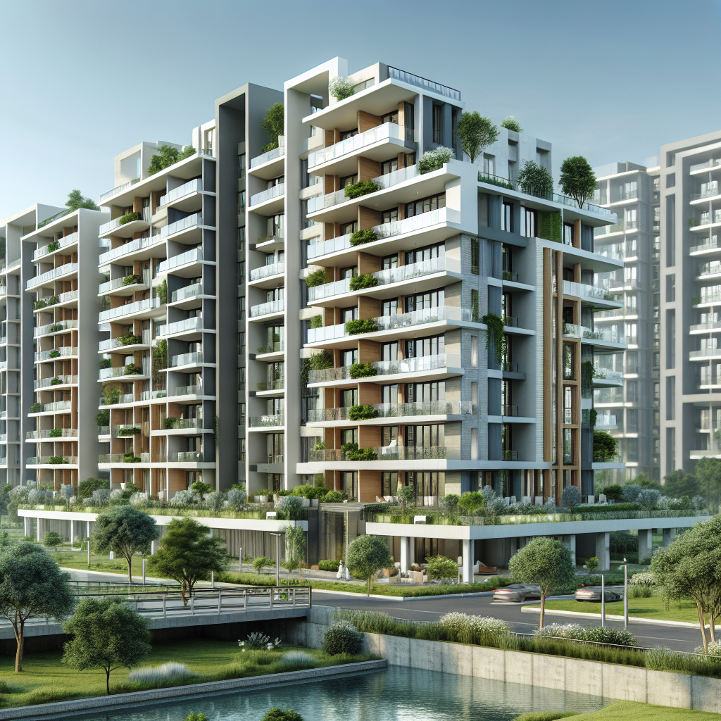 A modern apartment building with contemporary design features in an urban setting, showcasing spacious balconies and green spaces.