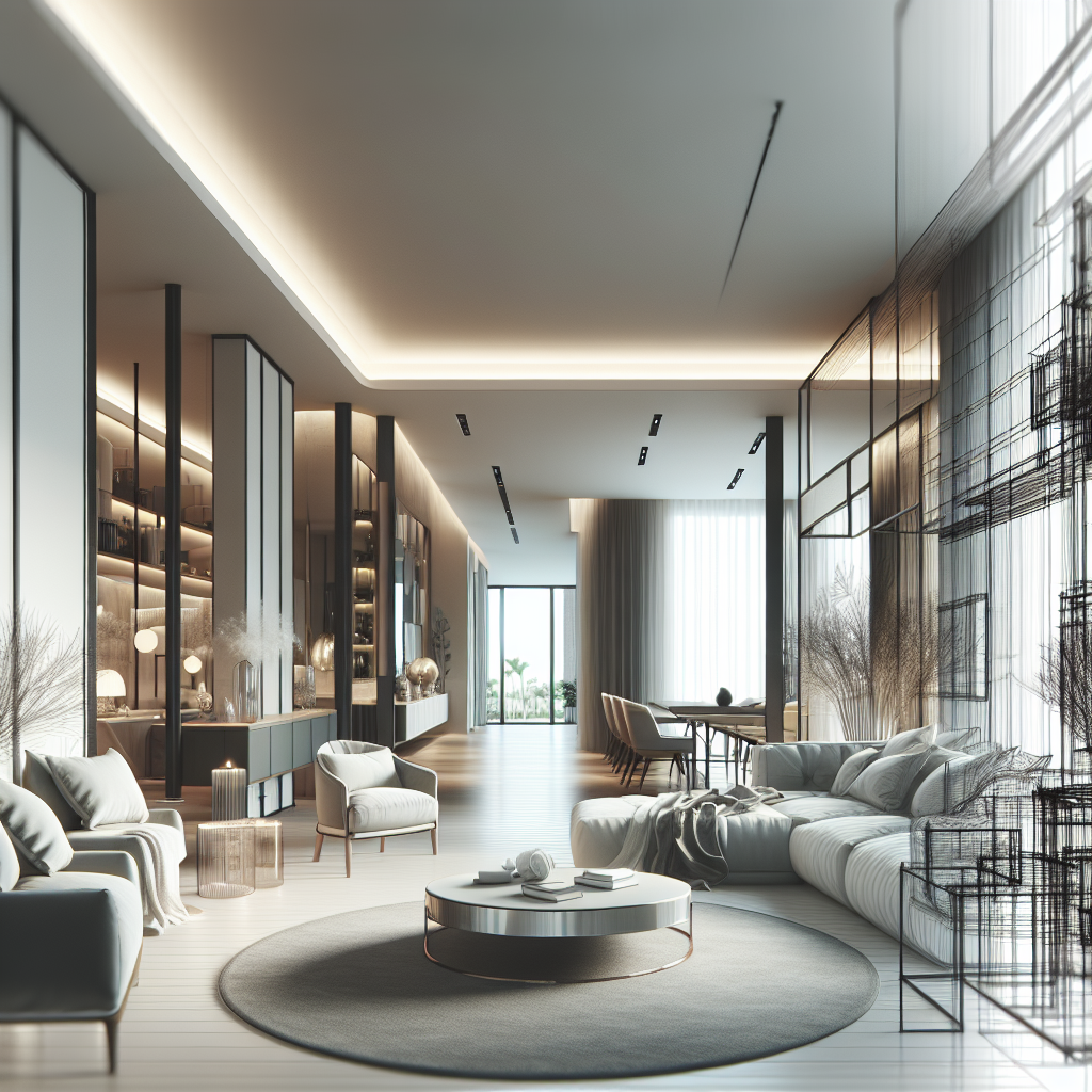 A luxurious modern apartment interior featuring contemporary design elements with spacious open-concept layout
