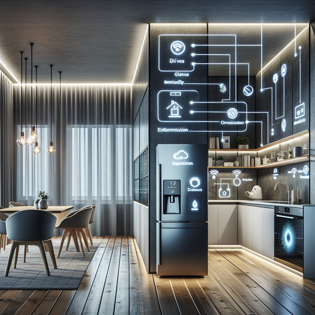 A modern apartment interior showcasing smart home technology features like automated lighting and energy-efficient appliances
