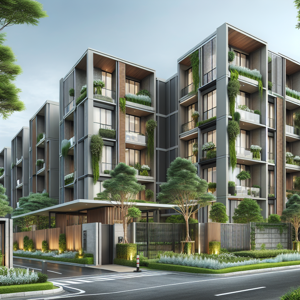 A modern gated apartment community featuring lush landscaping and contemporary architecture