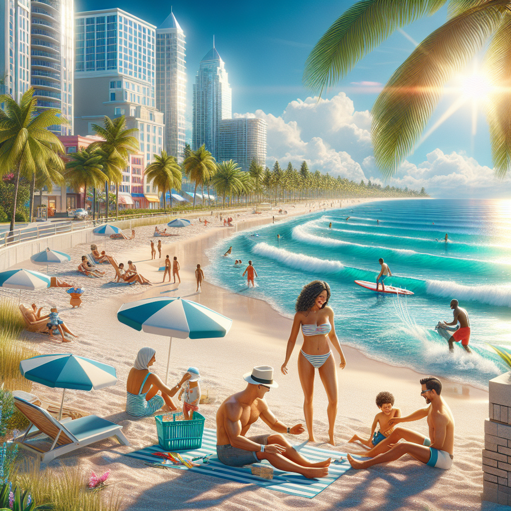 A vibrant beach scene in Boca Raton with palm trees and people enjoying the sun