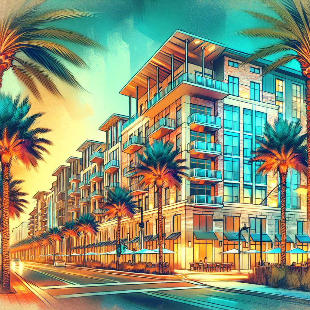 A vibrant street scene in Downtown Boca Raton featuring modern apartment buildings with palm trees lining the sidewalk