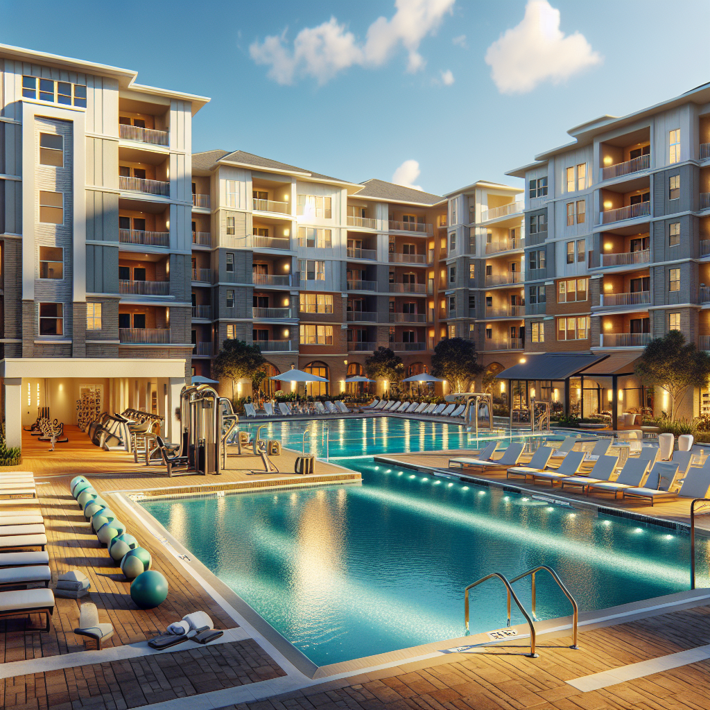 A modern apartment complex in Boca Raton with a swimming pool and fitness center