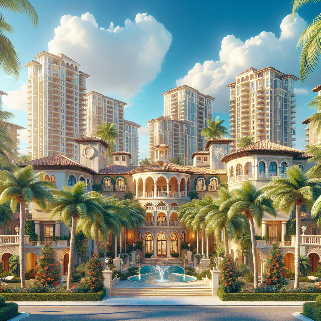 A vibrant view of luxury apartment complexes in Boca Raton with palm trees and sunny skies