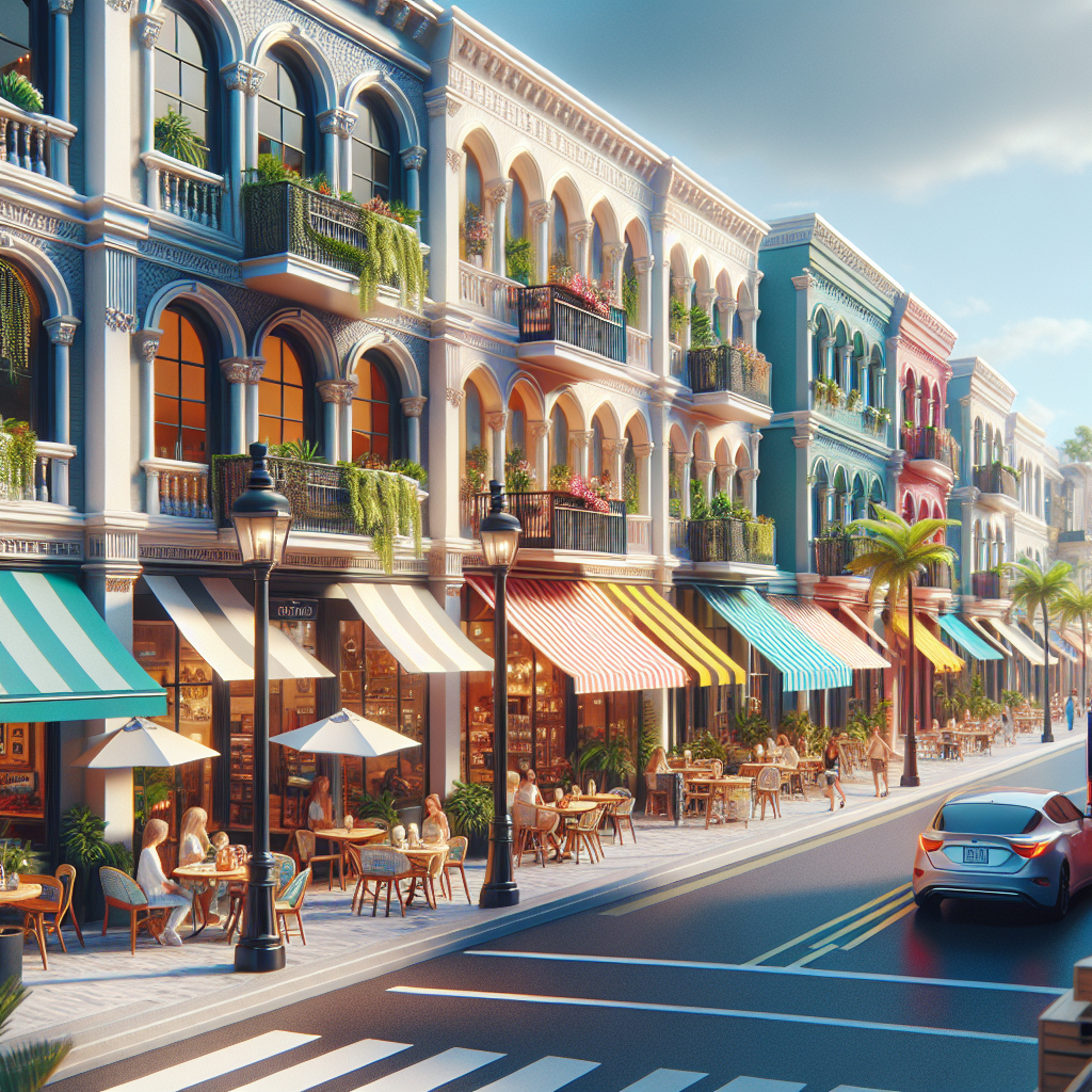 A vibrant street view of Downtown Boca Raton showcasing trendy shops and cafes