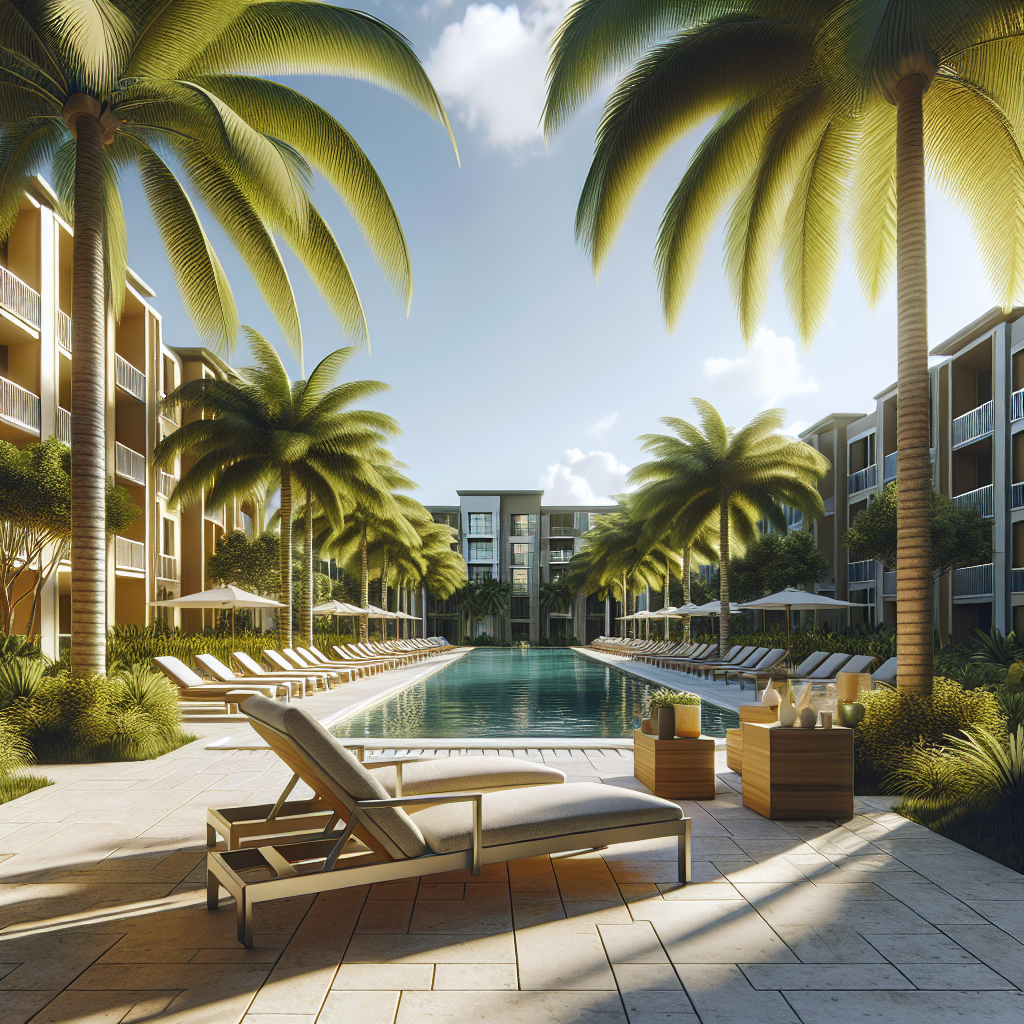 A sunny pool area in a luxury apartment complex in Boca Raton, with palm trees and modern lounge chairs