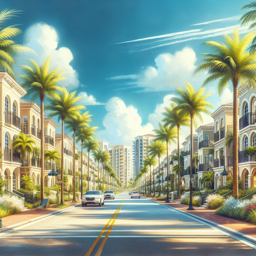 A vibrant street scene in Boca Raton showcasing various apartment complexes with palm trees and blue skies