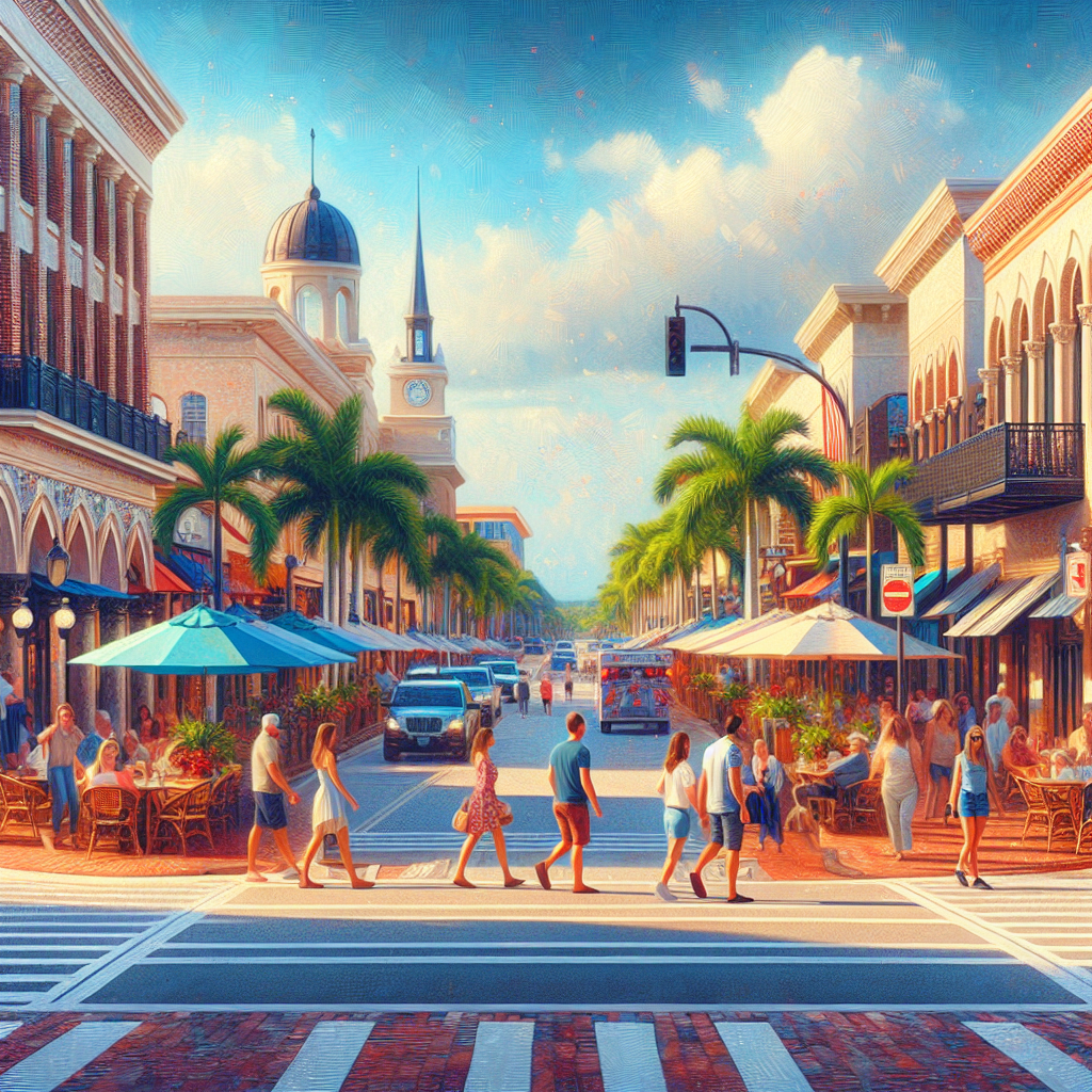 A vibrant street view of Downtown Boca Raton showcasing shops and cafes with people walking around