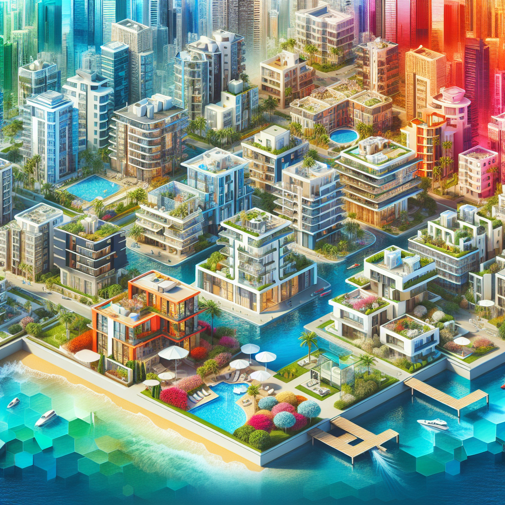 A vibrant collage of different types of apartments in Boca Raton including studio, one-bedroom, two-bedroom, three-bedroom, and luxury penthouses