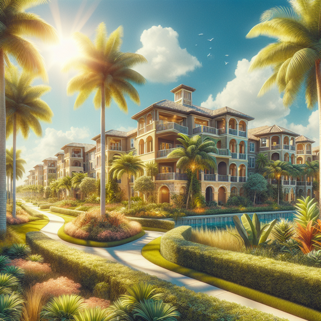 A vibrant view of luxury apartment complexes in Boca Raton, Florida with palm trees and sunny skies