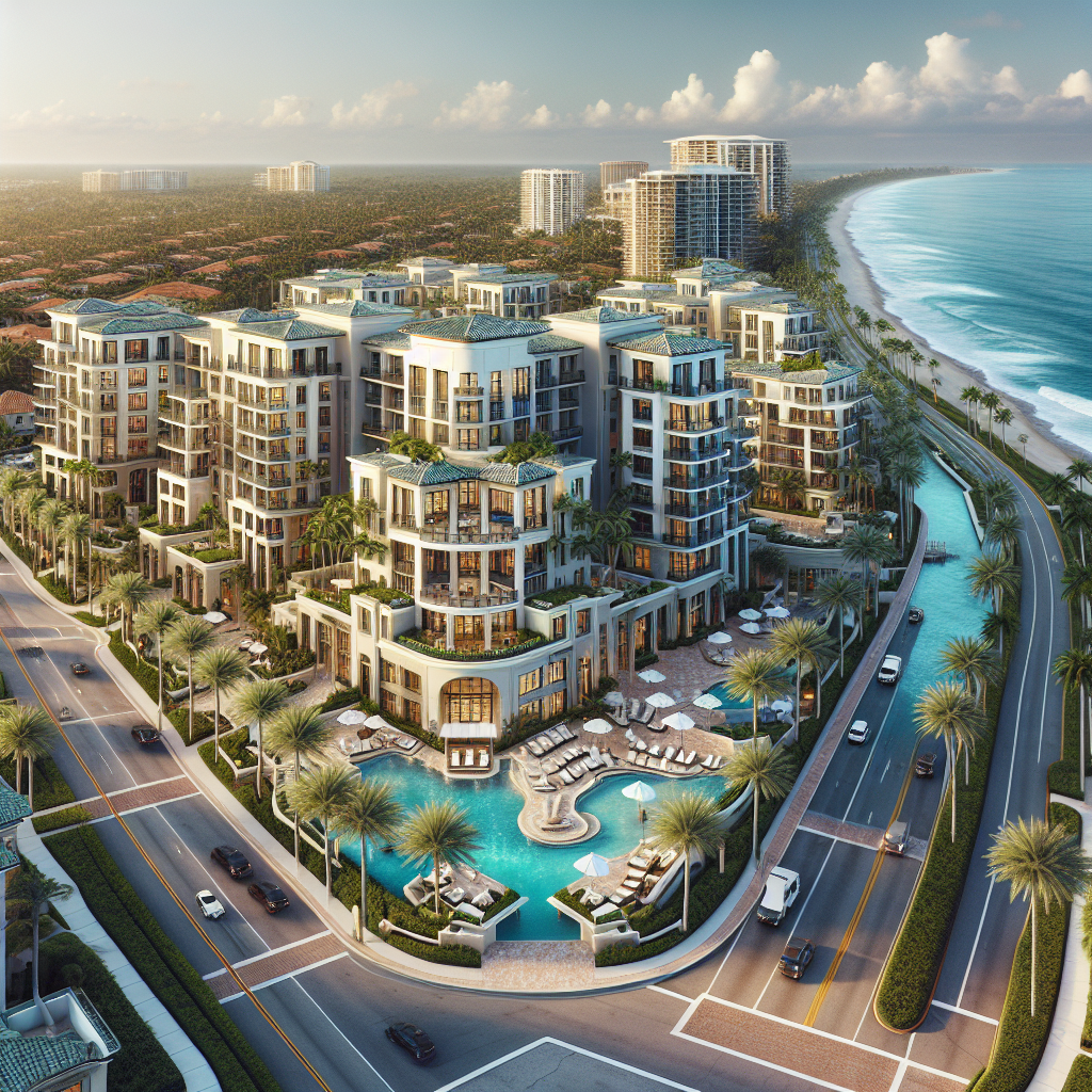 Aerial view of luxurious apartment complexes in Boca Raton with palm trees and ocean views