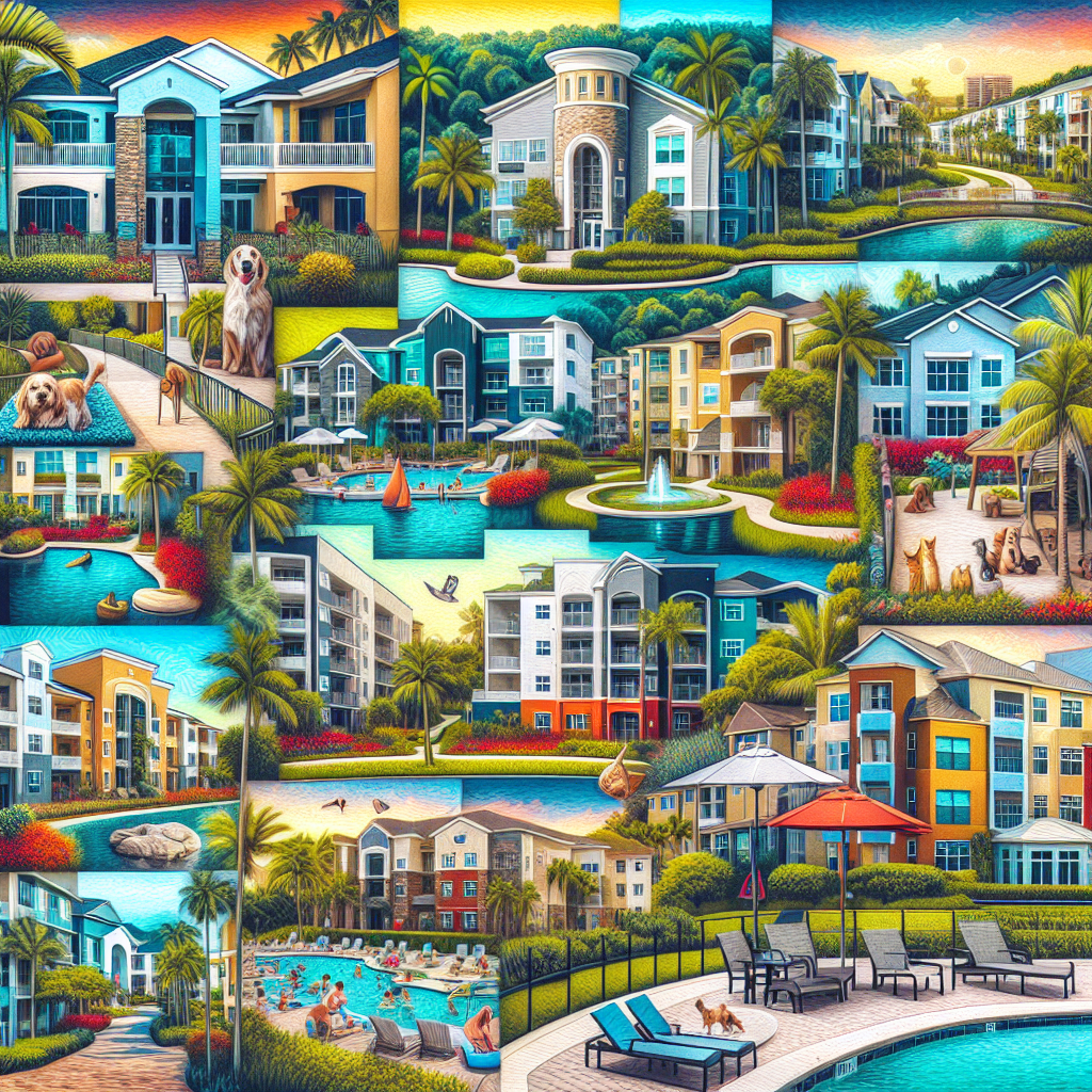 A vibrant collage of various apartment complexes in Boca Raton showcasing luxury apartments, pet-friendly spaces, family-friendly environments, and senior living options.