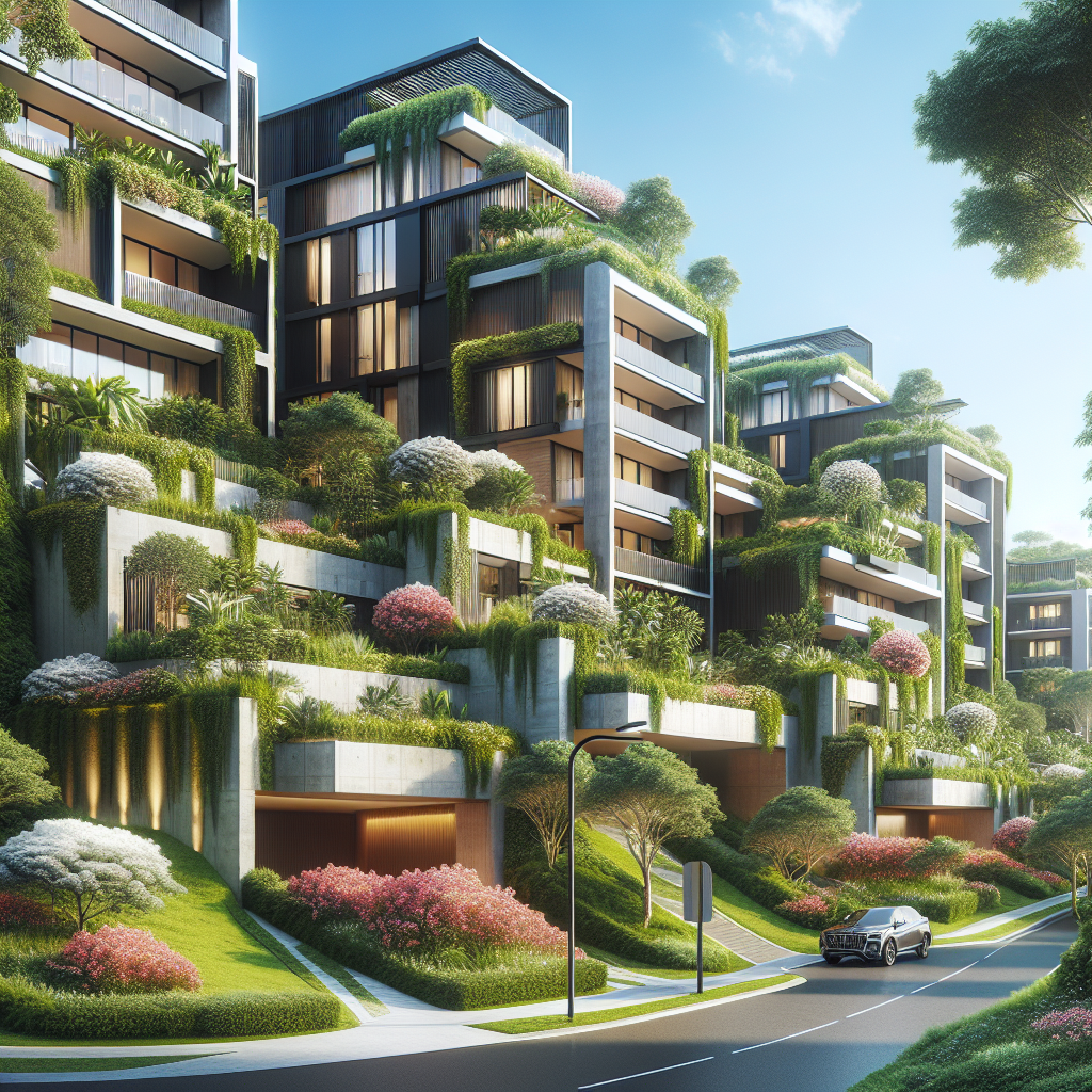 A beautiful view of modern luxury apartments in Bella Vista surrounded by lush greenery