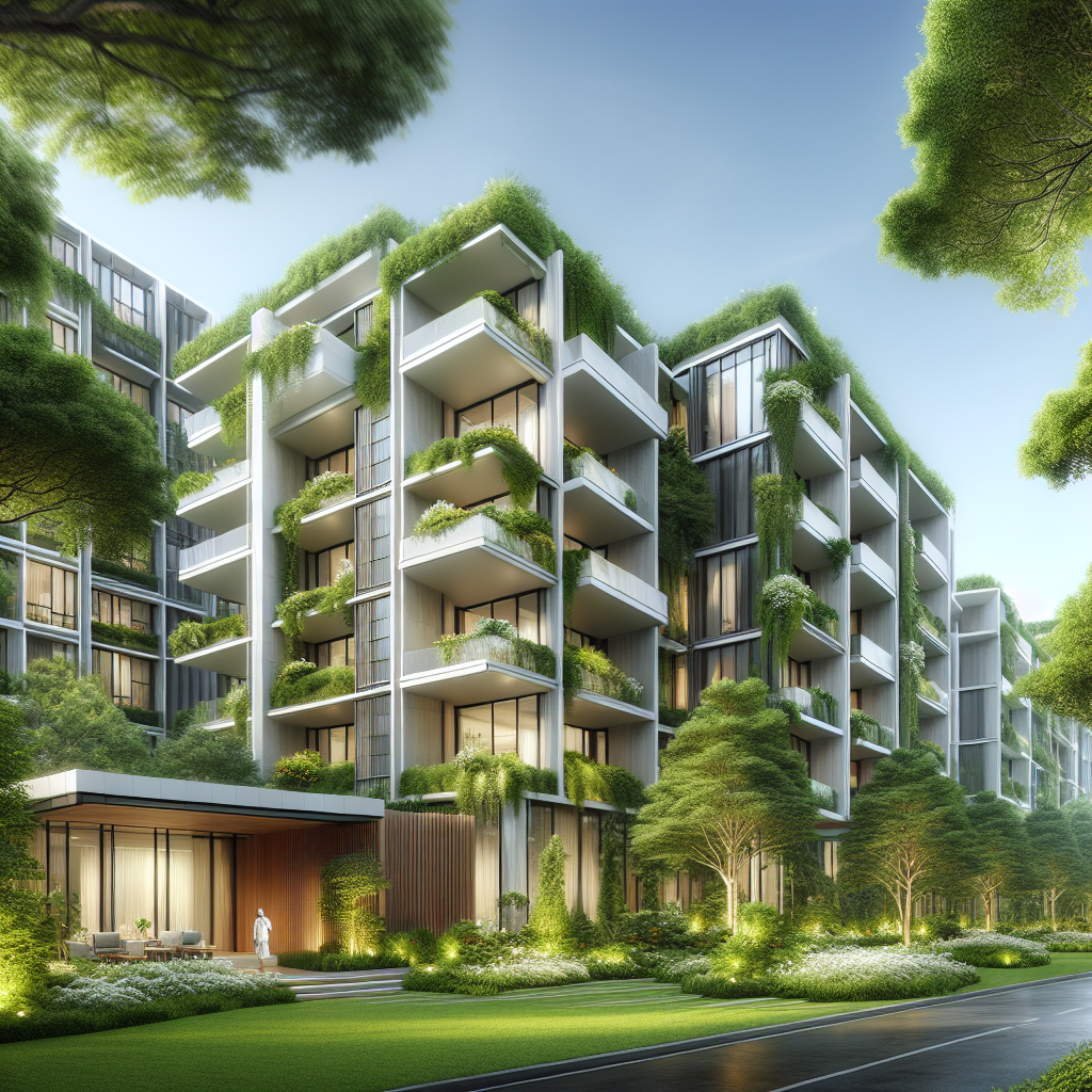 A luxurious apartment complex with modern architecture surrounded by greenery