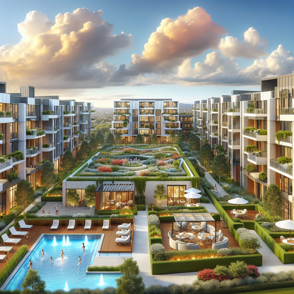 A modern apartment complex with lush landscaping and vibrant community spaces in Bella Vista