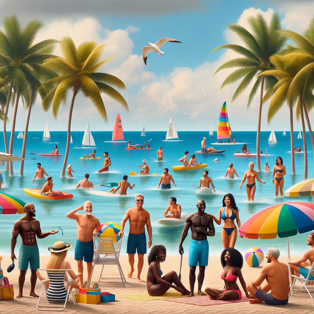 A vibrant beach scene in Boca Raton with palm trees, people enjoying water sports, and colorful beach umbrellas