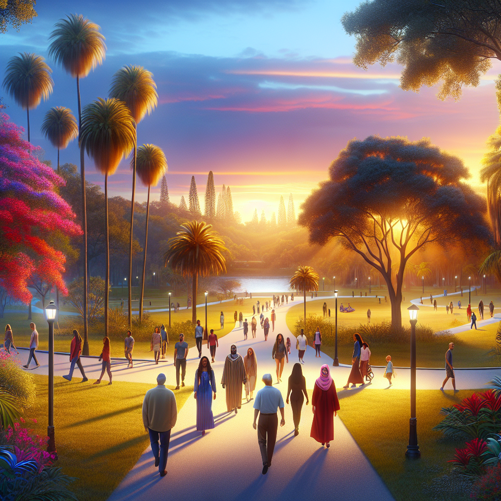 A scenic view of Spanish River Park in Boca Raton during sunset with people walking on trails