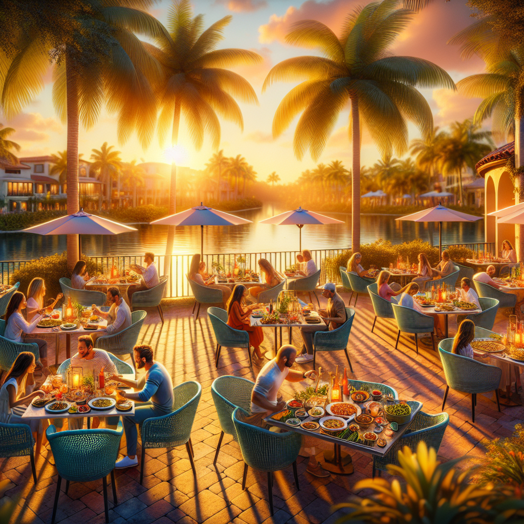 A vibrant outdoor dining scene at sunset in Boca Raton, showcasing diverse cuisines on tables filled with colorful dishes